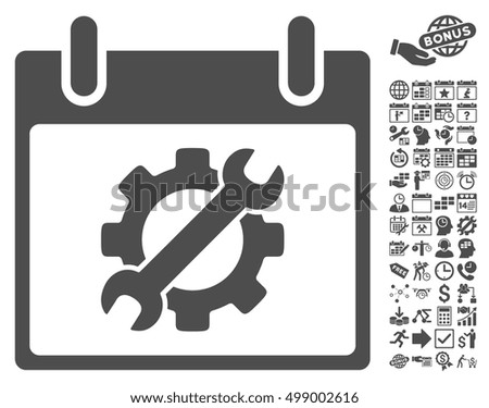 Configuration Tools Calendar Day pictograph with bonus calendar and time management images. Vector illustration style is flat iconic symbols, gray, white background.
