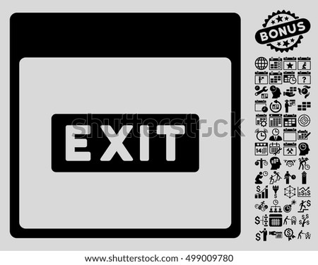 Exit Caption Calendar Page icon with bonus calendar and time management clip art. Vector illustration style is flat iconic symbols, black, light gray background.