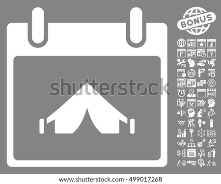Camping Calendar Day icon with bonus calendar and time management symbols. Vector illustration style is flat iconic symbols, white, gray background.