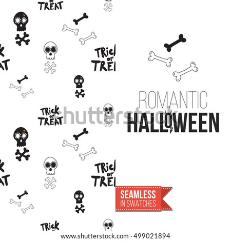 Minimalistic style greeting card for halloween, inspired by spooky symbolism. Seamless pattern with stylized holiday symbol on one side. On another inscription: romantic halloween. Vector template.
