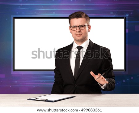 Television program host with big copy screen in his back concept