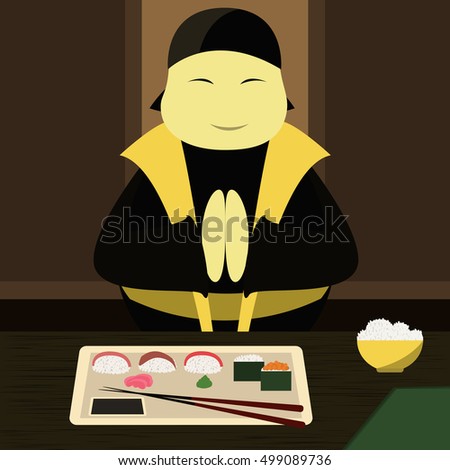 Japanese chef makes sushi. Vector illustration