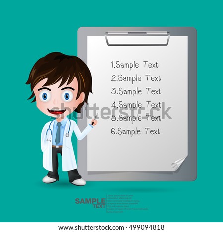 Full length of doctor pointing at sample text medical clipboard. Vector illustration