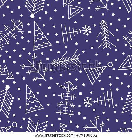 Seamless vector pattern with christmas tree and snowflakes. Dark blue winter background with decorative hand drawn fir tree. Graphic illustration. Series of winter seamless vector patterns.