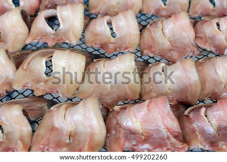 Striped snakehead fishes dried in the sun for sell in open market, thai market store