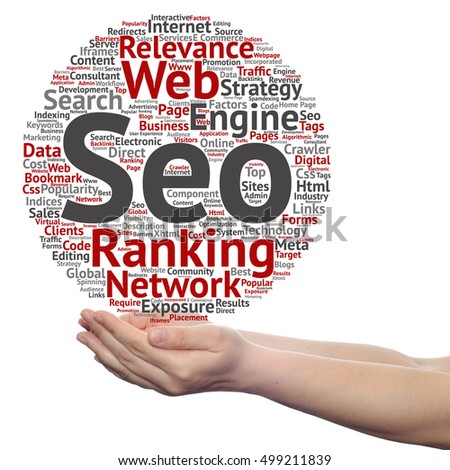 Concept or conceptual search engine optimization, seo abstract word cloud in hand isolated on background metaphor to marketing, web, internet, strategy, online, rank, result,  network, top, relevance