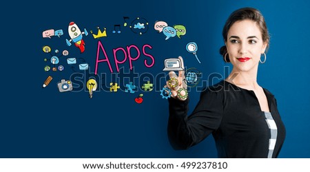 Apps concept with business woman on a dark blue background