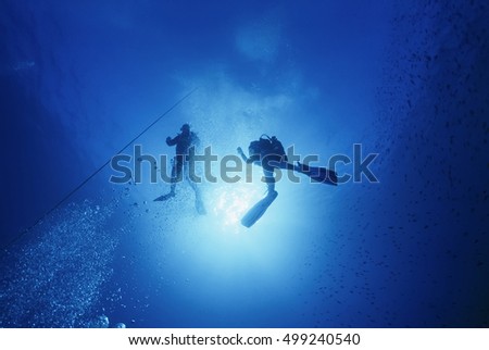 Mediterranean Sea, U.W, photo, scuba divers close to the surface - FILM SCAN