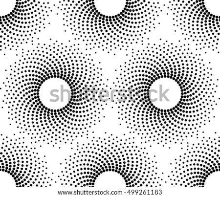 Vector seamless texture. Modern geometric background. Monochrome repeating pattern with circles filled with dots of different sizes.