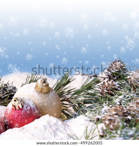 A bright and cheerful Christmas scene full of snowy baubles and pines.