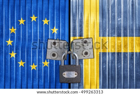 EU and Sweden flag on door with padlock