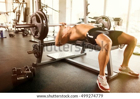 Muscular bodybuilder bench press workout Royalty-Free Stock Photo #499274779