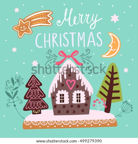 Christmas vector illustration with house, trees, comet and moon. 
