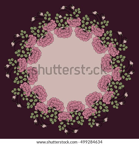 Floral round frames from hand drawn dog roses. Vector greeting card template. Design artwork for the poster, tee shirt, pillow, home decor. Summer flowers with green leaves.