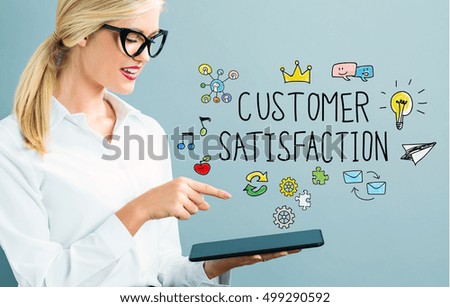 Customer Satisfaction text with business woman using a tablet
