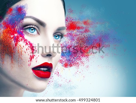 Fashion model girl portrait with colorful powder make up. Beauty woman bright color makeup. Close-up of Vogue style lady face, Abstract multicolor make-up, Art design. Makeup Pigment powder explosion