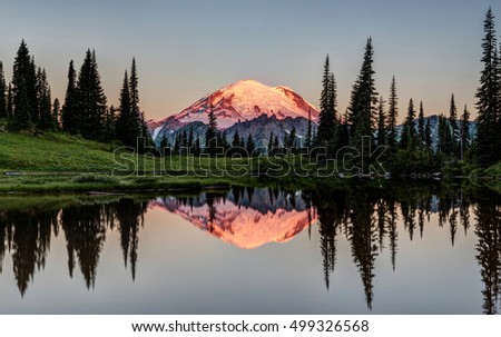 The Glowing Peak of Mount Rainier at Dawn with a calm reflection from the shore of Tipsoo Lake. Mount Rainier National Park, Washington State, USA Royalty-Free Stock Photo #499326568