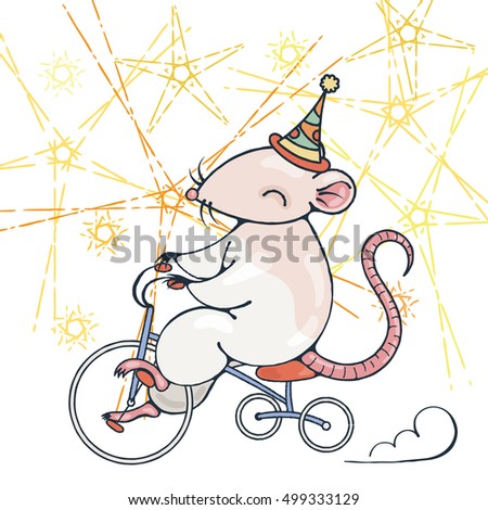 Illustration with a circus rat on a bike. Vector image.