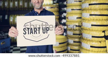 Car Parts Shop Owner Holding Placard Warehouse Startup Concept