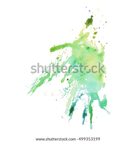 Expressive abstract watercolor stain with splashes and drops of green gradient color. Watercolor background