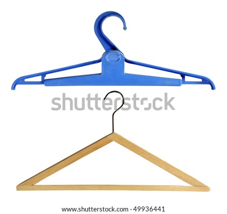 Plastic and wooden hanger on a white background