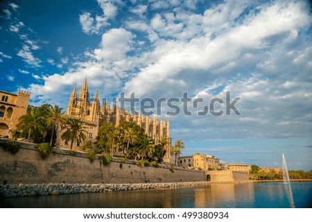 Cathedral of Palma de Mallorca. Big gothic church on the sea shore. Beautiful travel picture of Spain.