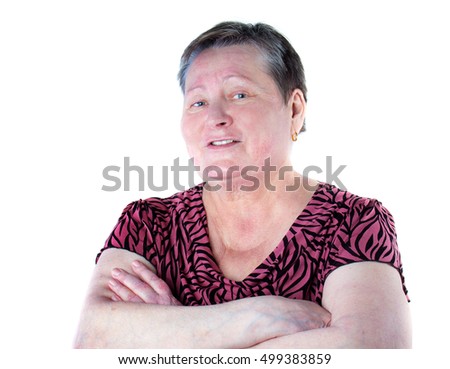 Portrait of friendly and talking senior woman in photo studio isolated on white background, psoriasis on right elbow, without make-up