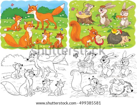 At the zoo. Cute forest animals. Illustration for children. Coloring page. Coloring book. Funny cartoon characters. 