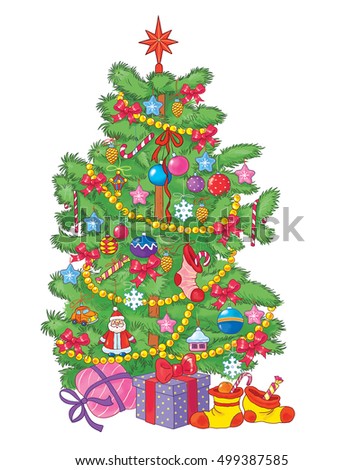 New 2017 Year. Christmas tree with presents and socks full of candies. Greeting card. Poster. Illustration for children. Cute funny cartoon characters isolated on white background.