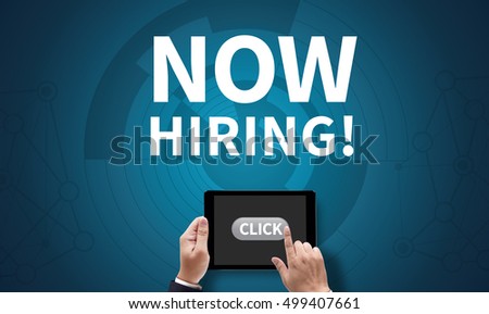 NOW HIRING! , on the tablet pc screen held by businessman hands - online, top view