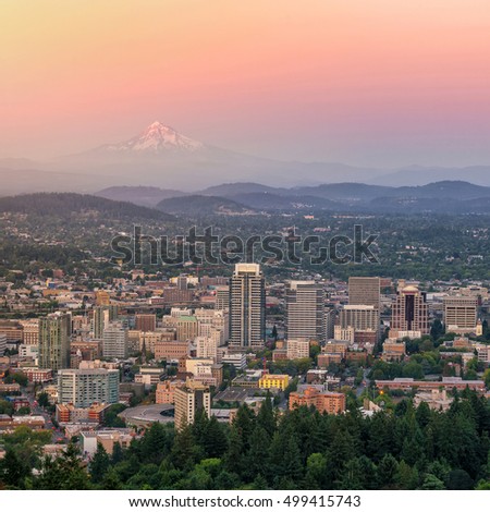 Downtown Portland, Oregon at sunset from Pittock Mansion.