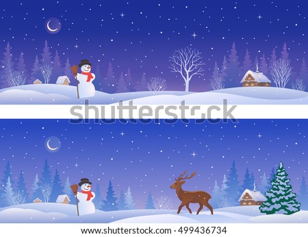 Vector cartoon illustration of a beautiful winter night village with a snow man and a deer, panoramic banners