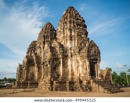 Ancient Temple in Thailand and blue sky. The temple at Lopburi.