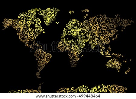 Artsy Illustration Featuring a World Map Made of Artsy Golden Vines Set Against a Black Background
