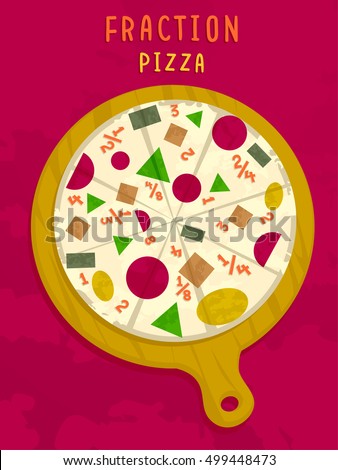 Mathematical Illustration of a Pizza Pie in a Pan with Numerical Fractions for Toppings