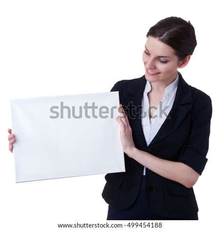 Smiling businesswoman standing over white isolated background with white blank board, business, education, office, advertising concept