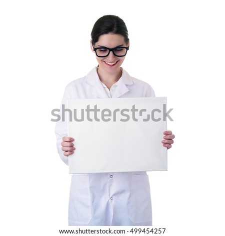 Smiling female doctor assistant scientist in white coat over white isolated background with glasses and white blank board, healthcare, profession, science and medicine concept