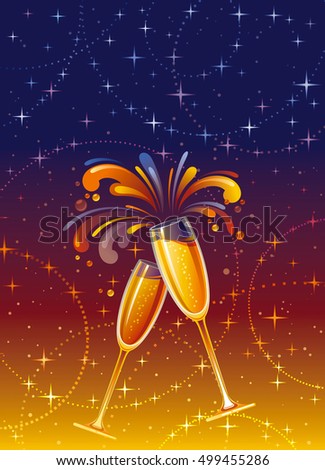 Champagne wine glass vector illustration, Party poster design element. Drink toast symbol. New year, birthday anniversary, christmas, other holiday special event. Abstract template, night background