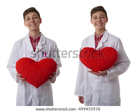 Set of cute teenager boy wearing white lab medic coat with red plush heart over white isolated background as science, medicine, healthcare concept