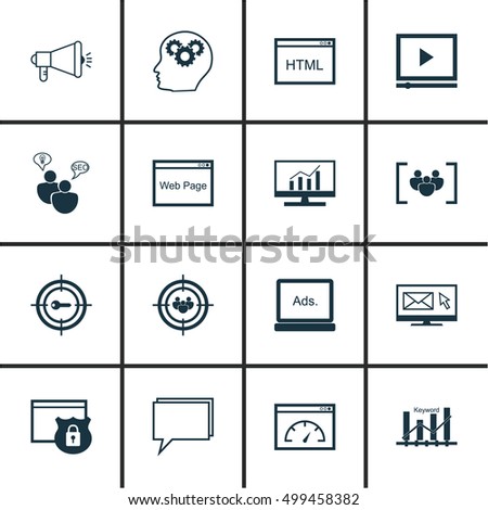 Set Of 16 Universal Editable Icons For Advertising, SEO And Marketing Topics. Includes Icons Such As Keyword Marketing, Brain Process, Digital Media And More.