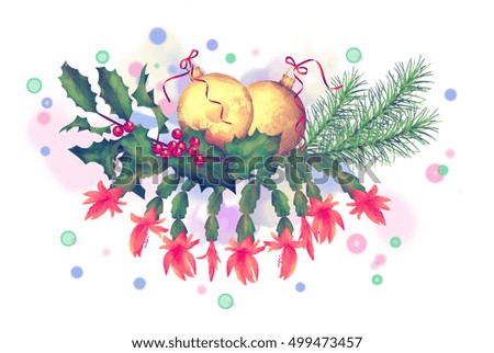 Christmas Watercolor Garland. Holiday composition of the Christmas ornaments on white background