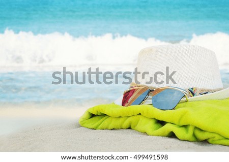 White hat on sea background, Concept of summer traveling 