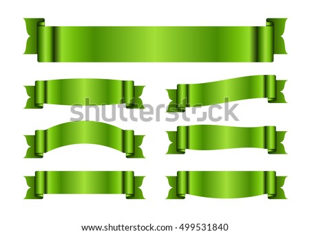 Green ribbons set. Satin blank banners collection. Design label scroll blanks element, isolated on white background. Empty template for greeting, advertising. Symbols decoration. Vector illustration