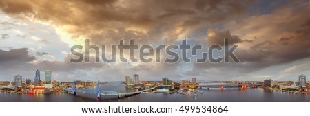 Panoramic aerial view of Jacksonville on a beautiful night.