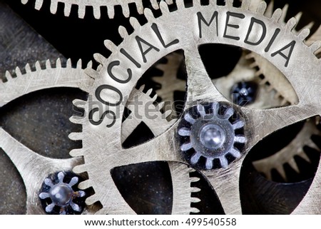 Macro photo of tooth wheel mechanism with SOCIAL MEDIA concept letters