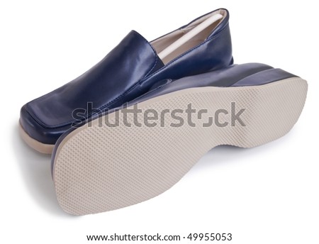 Modern and elegant blue leather women shoues isolated on white.