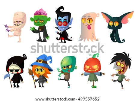 Set of Halloween characters. Vector mummy, zombie, vampire, ghost, bat, death, witch, pumpkin head, Frankenstein
. Great for party decoration