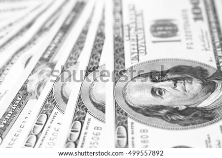 US dollar bills closeup / black and white photo