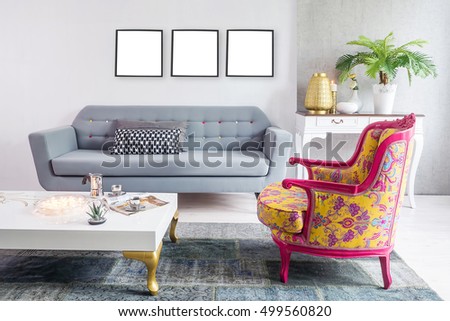 Modern living room sofa and black frame, decorative stone walls and classic