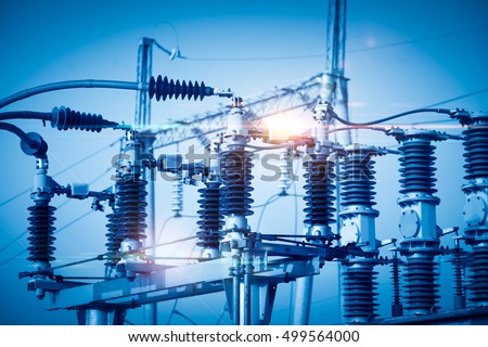 High voltage power transformer substation Royalty-Free Stock Photo #499564000
